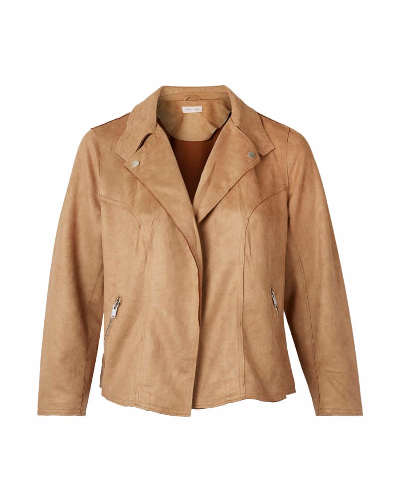 Front of a size 1X Yvette Faux Suede Jacket in Tan by Philosophy. | dia_product_style_image_id:263261